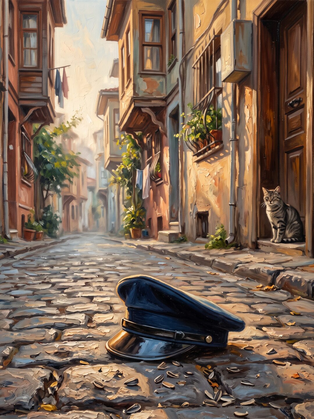 Dunkelblaue Polizeimütze auf Kopfsteinpflaster, eine Katze im Hauseingang