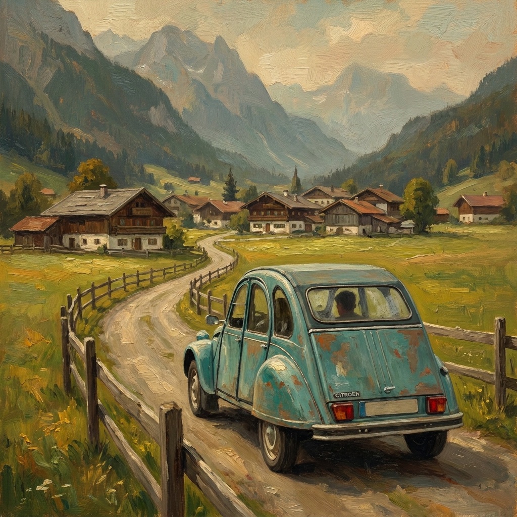 Türkisfarbener Citroën 2CV auf einem Feldweg vor einem Dorf und den Bergen