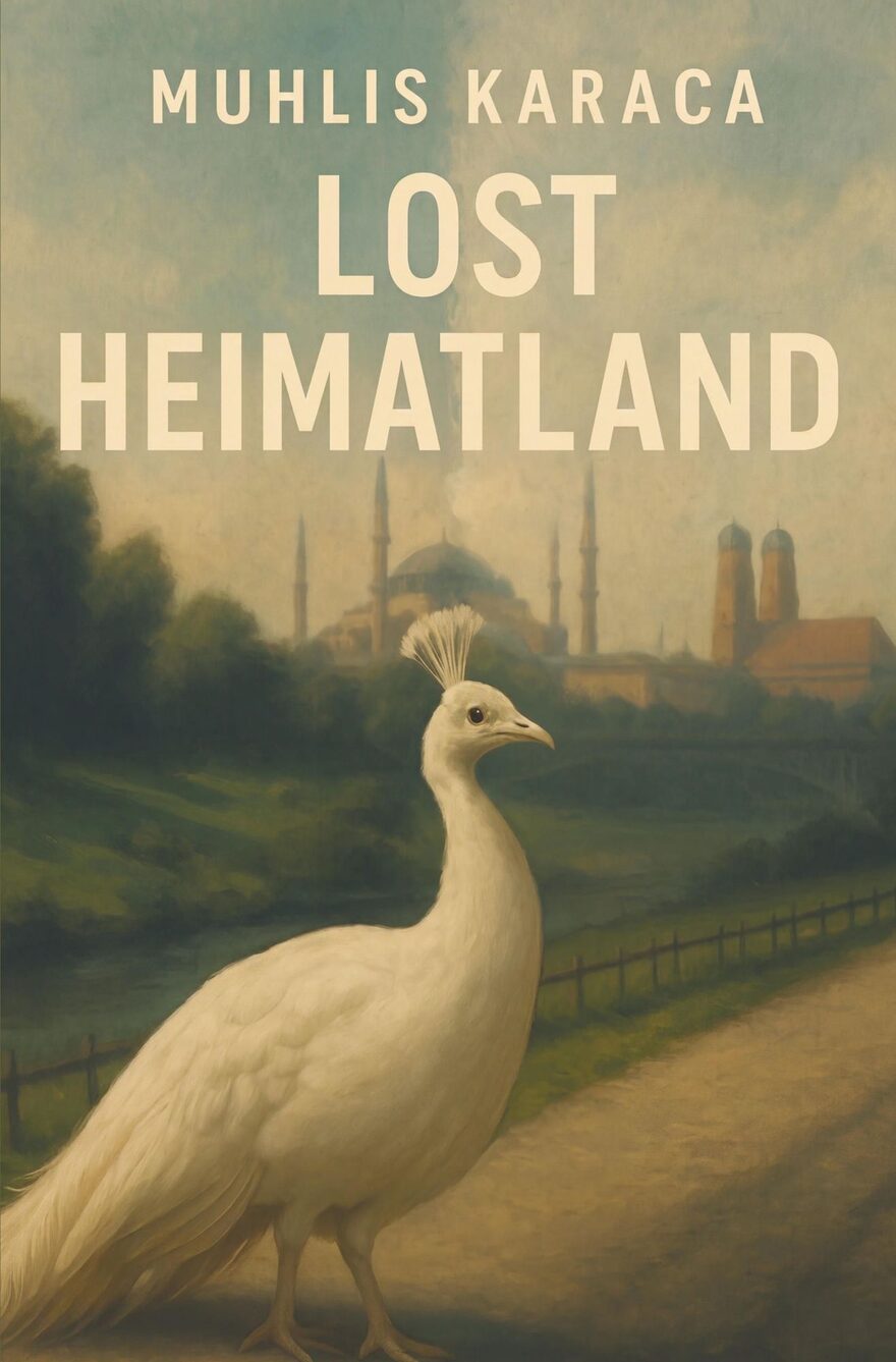 Buchcover Lost Heimatland, ein weißer Pfau auf einem Weg, dahinter Istanbuler Minarette und die Türme der Frauenkirche