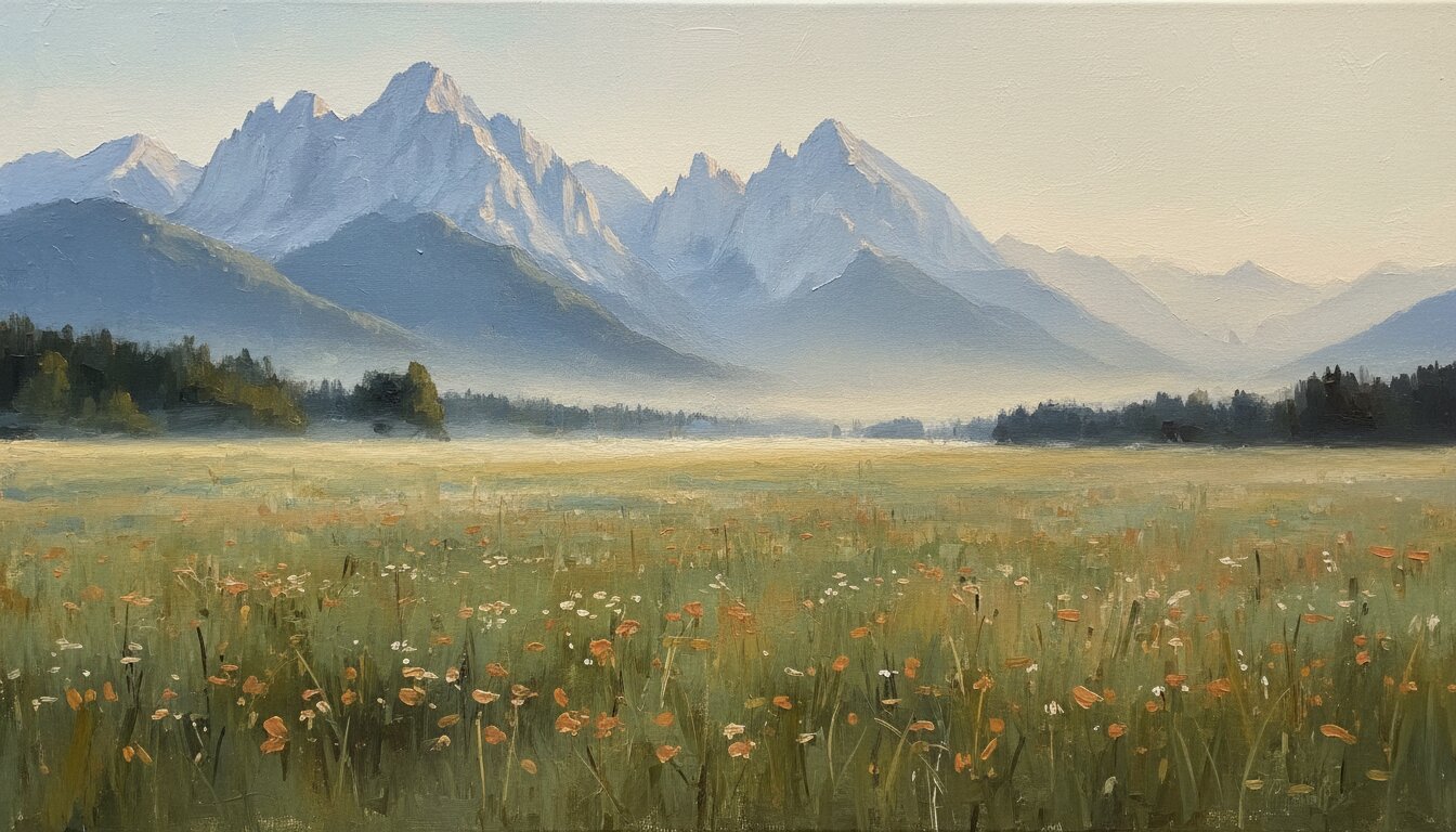 Alpenwiese mit Wildblumen vor Bergkette