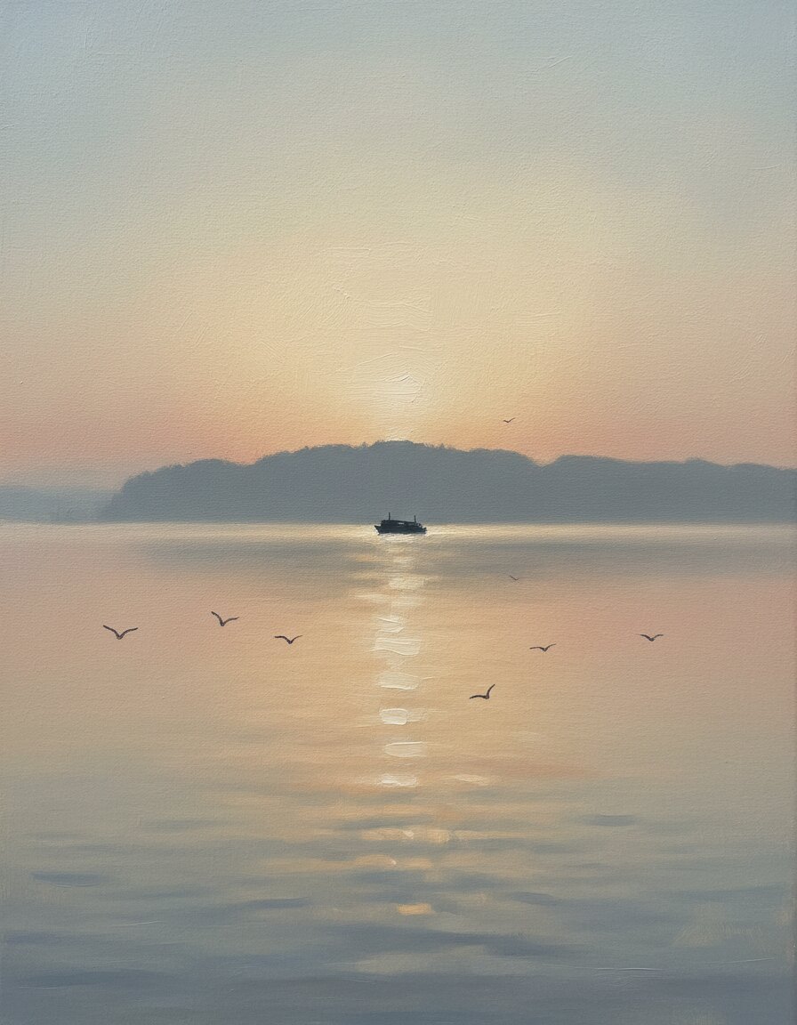 Fähre auf ruhigem Wasser bei Sonnenuntergang