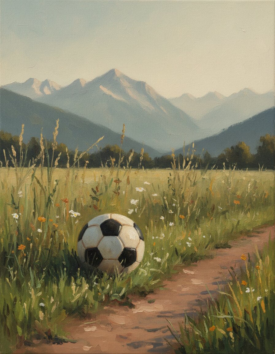 Lederball am Wegesrand vor Alpenkette