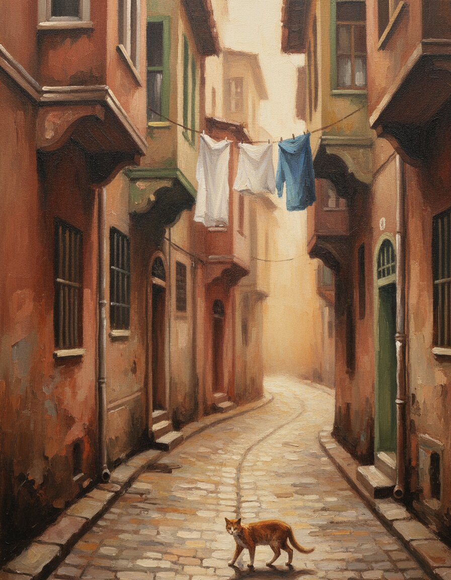 Enge Gasse mit Wäscheleine und Katze