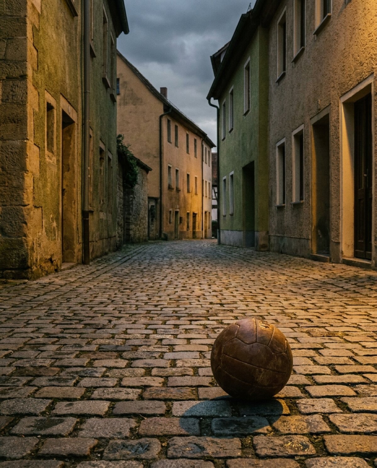 Lederball auf Kopfsteinpflaster in einer Dorfgasse